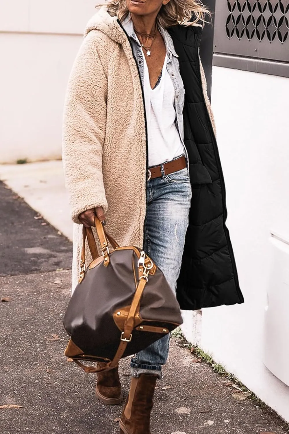 Reversible Jackets for Women Puffer Sherpa Fleece Zip Hoodie Coats Long Down Winter Warm Outerwear with Pockets