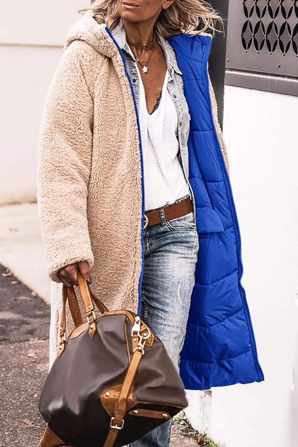 Reversible Jackets for Women Puffer Sherpa Fleece Zip Hoodie Coats Long Down Winter Warm Outerwear with Pockets