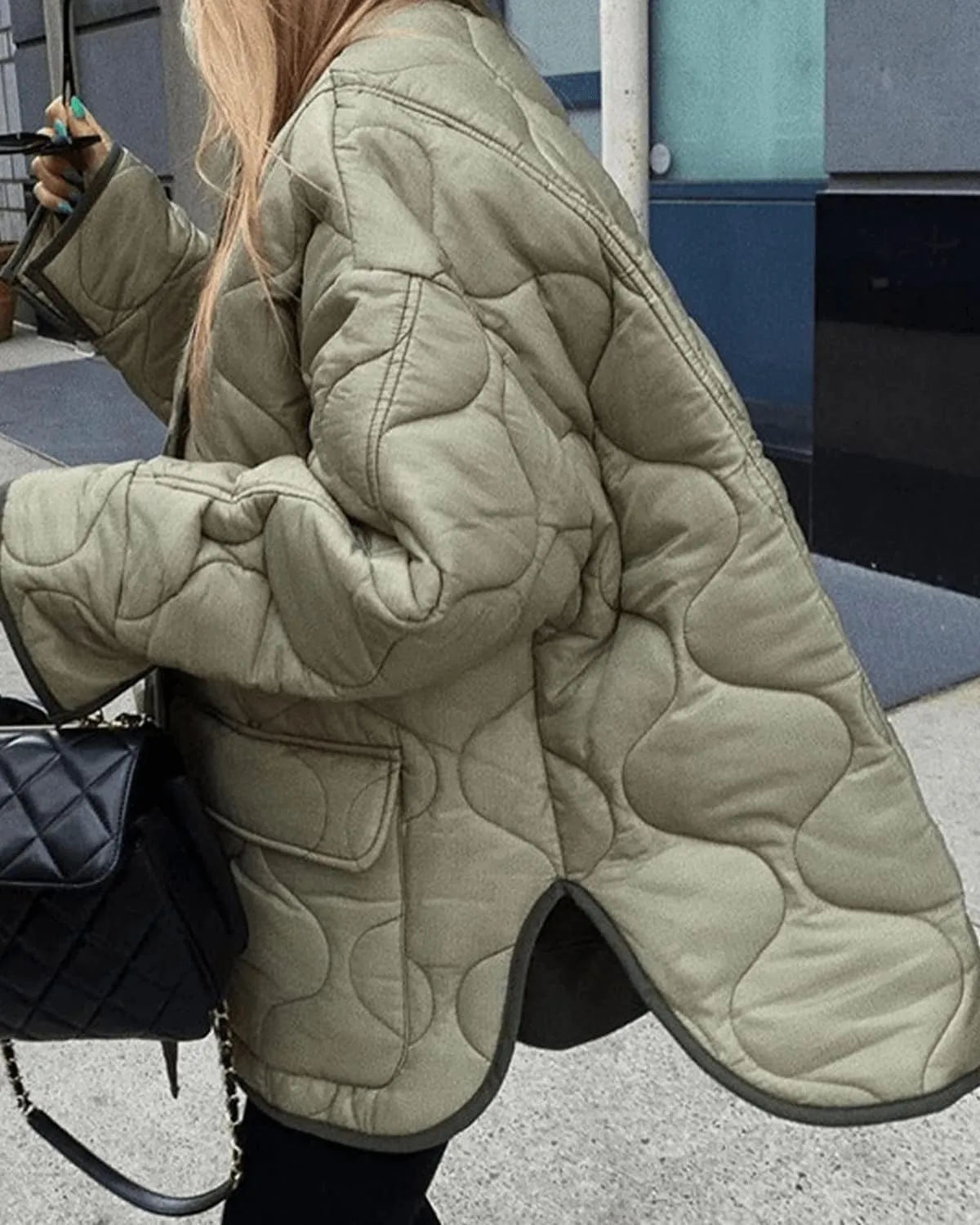 RINTONIX Womens Long Sleeve Button Down Thermal Winter Quilted Jacket Asymmetric Loose Padded Barn Jacket Outerwear