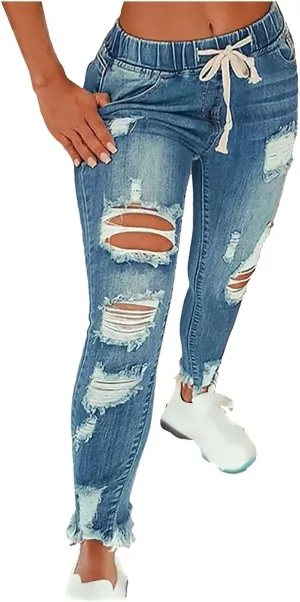 Ripped Jeans for Women Drawstring Elastic Plus Size Skinny Denim Jeans Curvy Distressed Fashion Vintage Capri Jeans