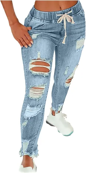 Ripped Jeans for Women Drawstring Elastic Plus Size Skinny Denim Jeans Curvy Distressed Fashion Vintage Capri Jeans