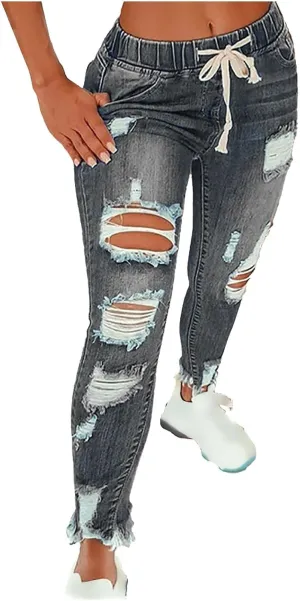 Ripped Jeans for Women Drawstring Elastic Plus Size Skinny Denim Jeans Curvy Distressed Fashion Vintage Capri Jeans