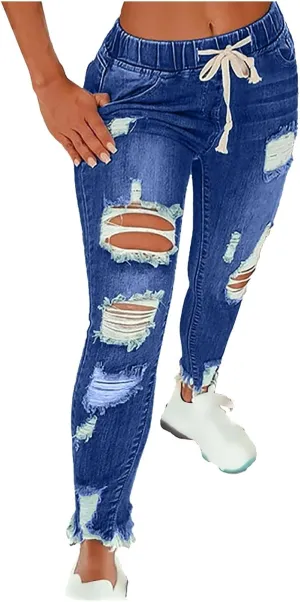 Ripped Jeans for Women Drawstring Elastic Plus Size Skinny Denim Jeans Curvy Distressed Fashion Vintage Capri Jeans