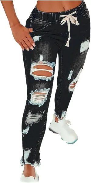 Ripped Jeans for Women Drawstring Elastic Plus Size Skinny Denim Jeans Curvy Distressed Fashion Vintage Capri Jeans