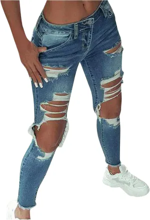 Ripped Jeans for Women Straight Leg Skinny Slimming Ankle Capri Denim Jeans Cropped Button Elastic Waist Petite Jeans