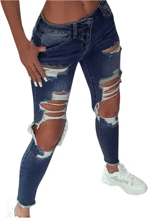 Ripped Jeans for Women Straight Leg Skinny Slimming Ankle Capri Denim Jeans Cropped Button Elastic Waist Petite Jeans