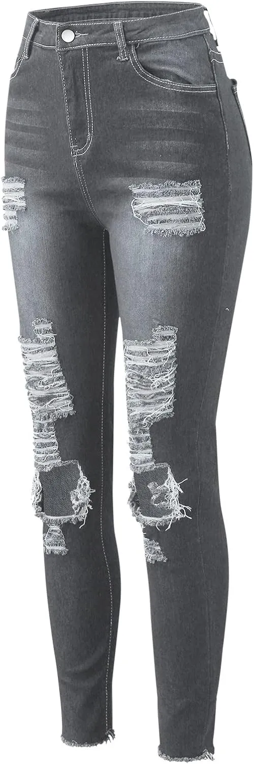 Ripped Jeans for Women Straight Leg Skinny Slimming Ankle Capri Denim Jeans Cropped Button Elastic Waist Petite Jeans