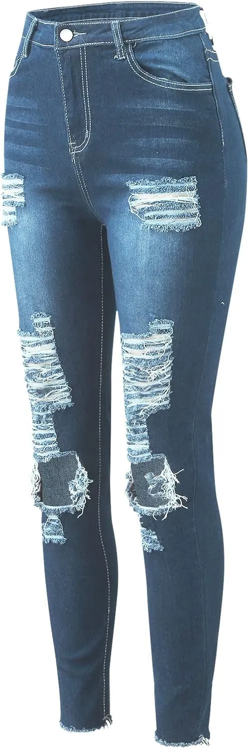 Ripped Jeans for Women Straight Leg Skinny Slimming Ankle Capri Denim Jeans Cropped Button Elastic Waist Petite Jeans