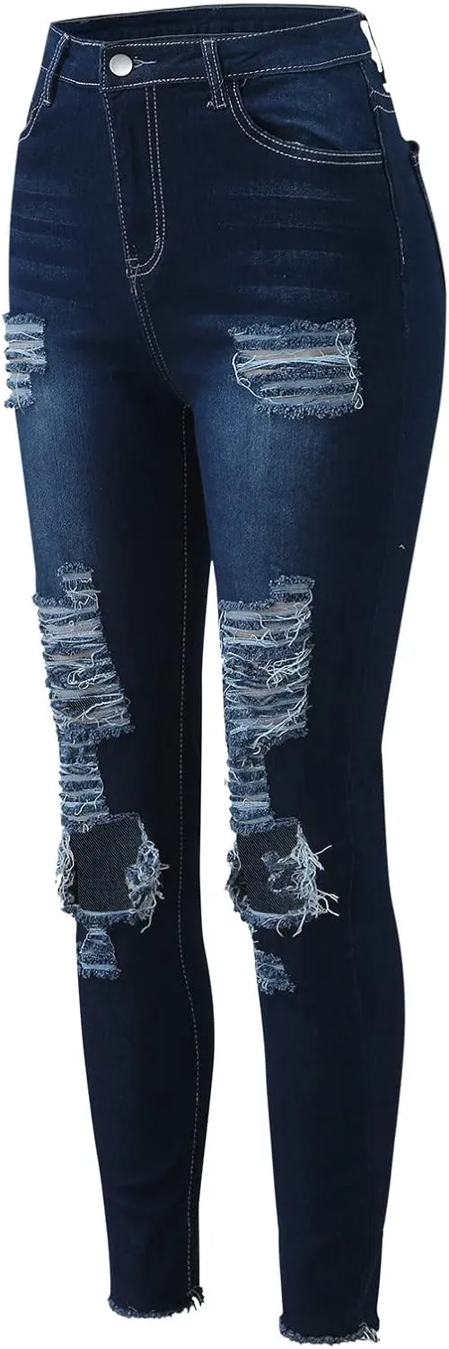 Ripped Jeans for Women Straight Leg Skinny Slimming Ankle Capri Denim Jeans Cropped Button Elastic Waist Petite Jeans