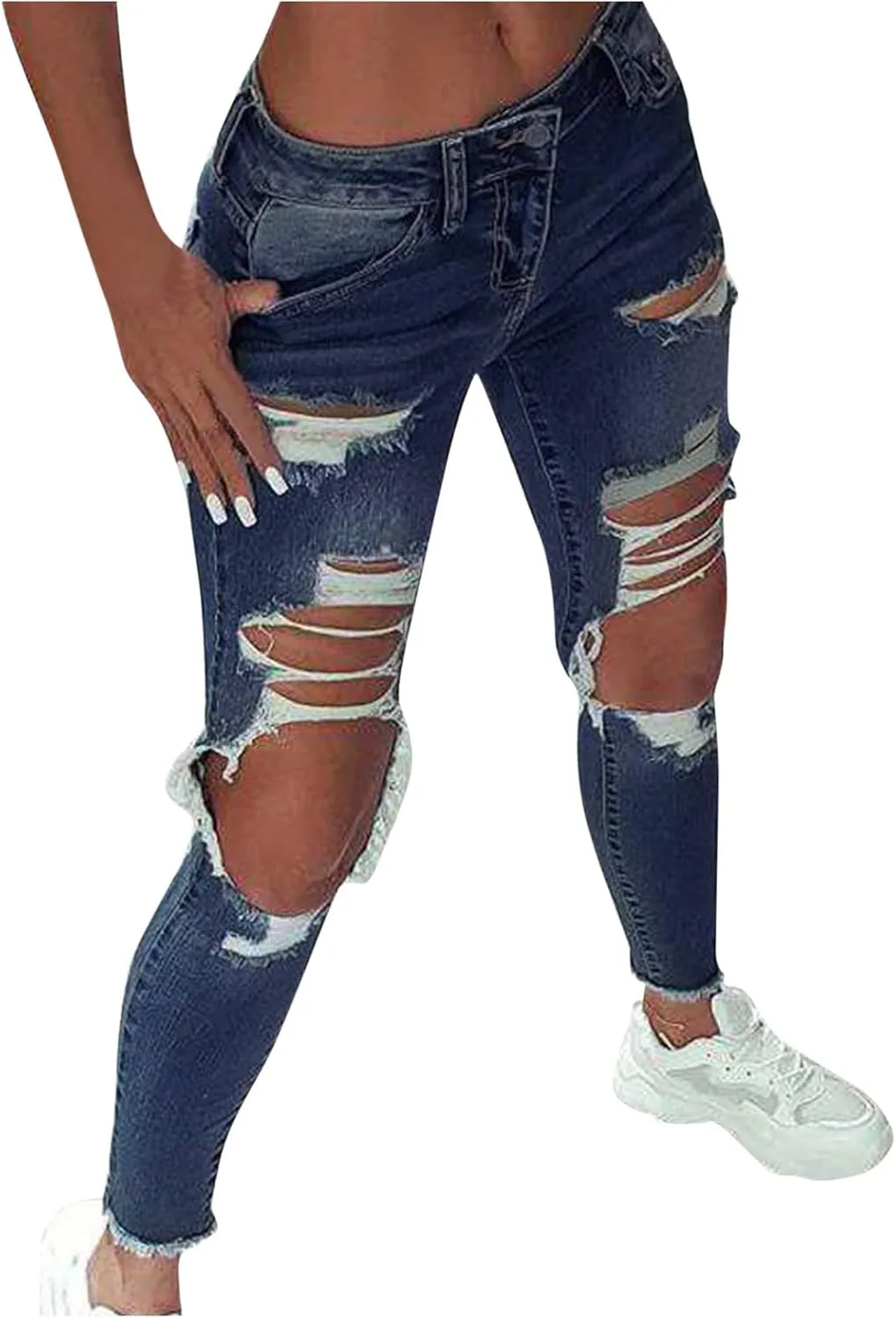 Ripped Jeans for Women Straight Leg Skinny Slimming Ankle Capri Denim Jeans Cropped Button Elastic Waist Petite Jeans