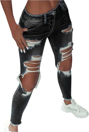 Ripped Jeans for Women Straight Leg Skinny Slimming Ankle Capri Denim Jeans Cropped Button Elastic Waist Petite Jeans