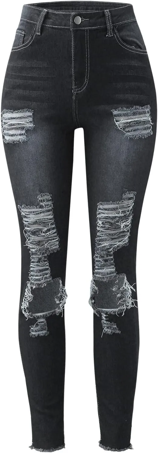 Ripped Jeans for Women Straight Leg Skinny Slimming Ankle Capri Denim Jeans Cropped Button Elastic Waist Petite Jeans