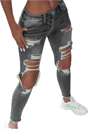 Ripped Jeans for Women Straight Leg Skinny Slimming Ankle Capri Denim Jeans Cropped Button Elastic Waist Petite Jeans