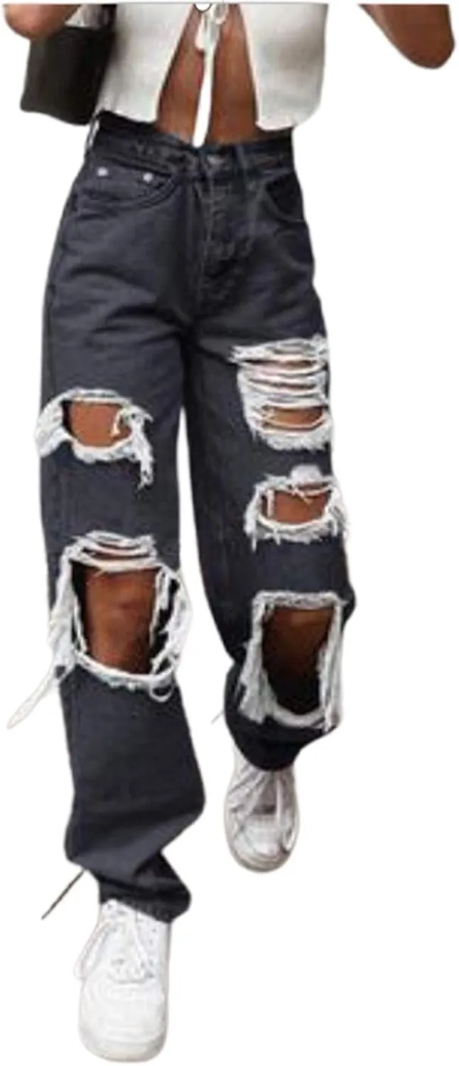 Ripped Jeans for Women, Women's Ripped Boyfriend Slim Fit Jeans Frayed Distressed Stretchy Denim Pants