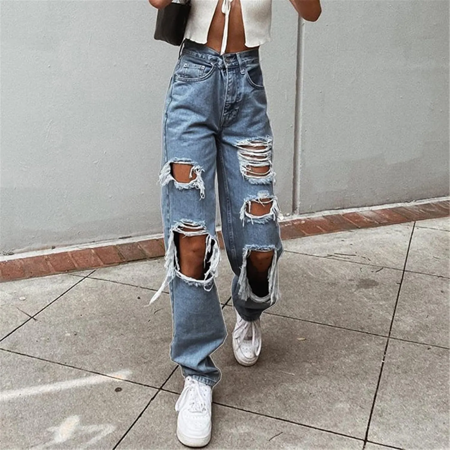 Ripped Jeans for Women, Women's Ripped Boyfriend Slim Fit Jeans Frayed Distressed Stretchy Denim Pants