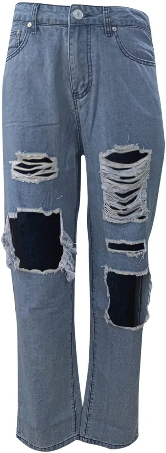 Ripped Jeans for Women, Women's Ripped Boyfriend Slim Fit Jeans Frayed Distressed Stretchy Denim Pants