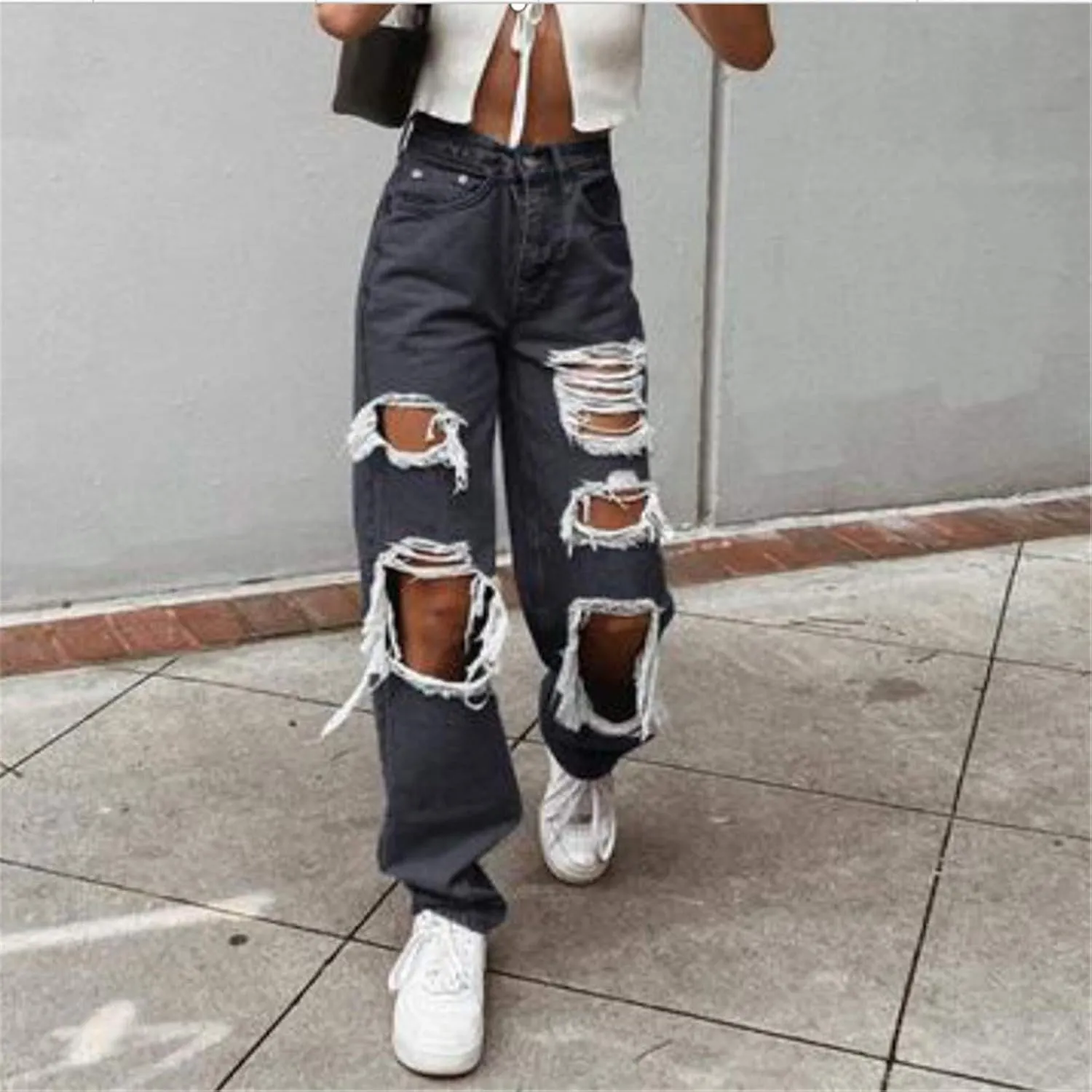 Ripped Jeans for Women, Women's Ripped Boyfriend Slim Fit Jeans Frayed Distressed Stretchy Denim Pants