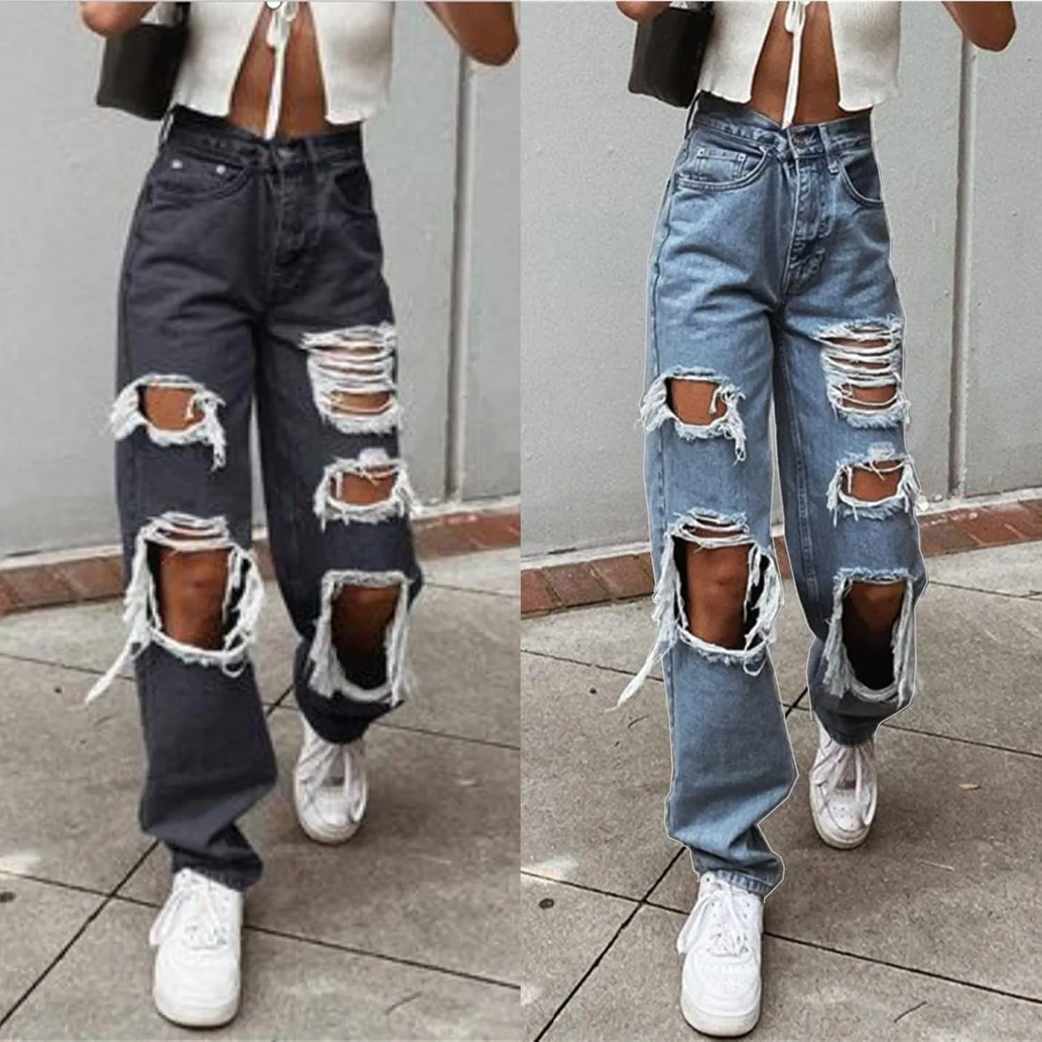 Ripped Jeans for Women, Women's Ripped Boyfriend Slim Fit Jeans Frayed Distressed Stretchy Denim Pants