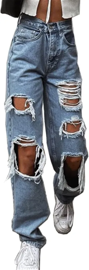 Ripped Jeans for Women, Women's Ripped Boyfriend Slim Fit Jeans Frayed Distressed Stretchy Denim Pants
