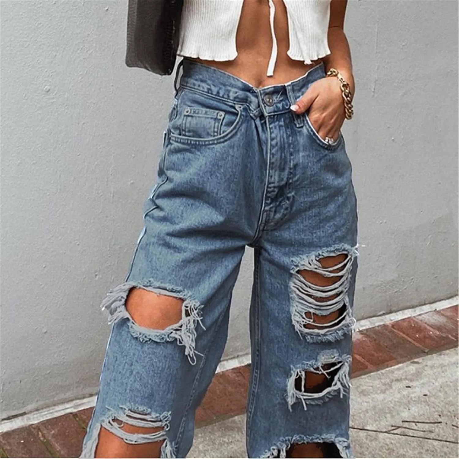 Ripped Jeans for Women, Women's Ripped Boyfriend Slim Fit Jeans Frayed Distressed Stretchy Denim Pants