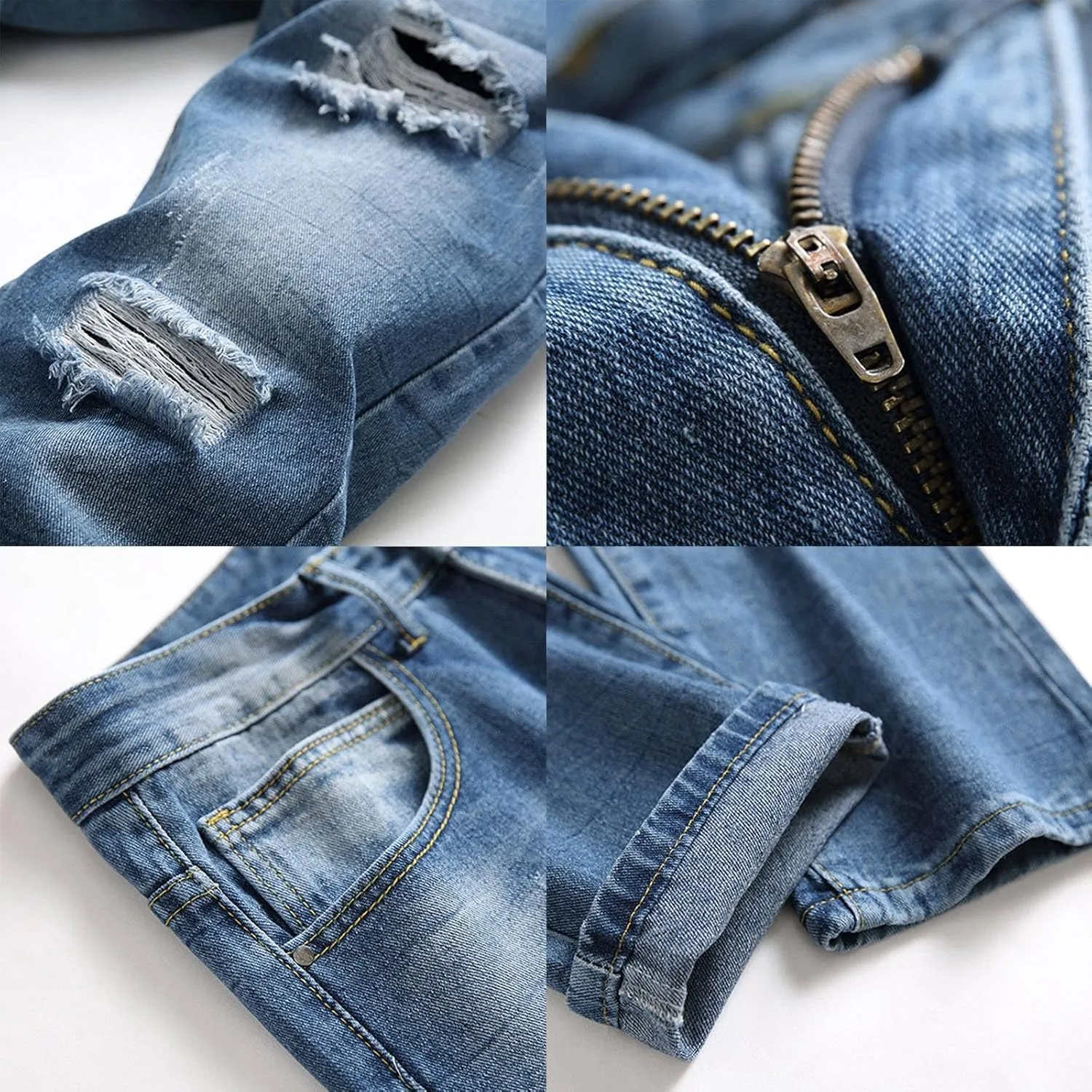 Ripped Jeans Men Straight Fit Men's Skinny Ripped Distressed Stretch Jeans Pants Hip Hop Biker Stretchy Jeans