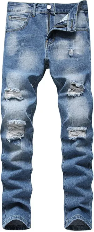 Ripped Jeans Men Straight Fit Men's Skinny Ripped Distressed Stretch Jeans Pants Hip Hop Biker Stretchy Jeans