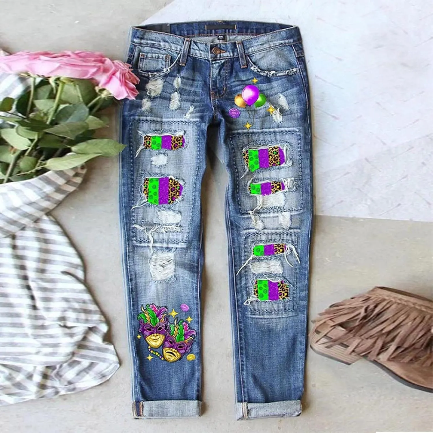 Ripped Jeans Womens Straight Leg Roll-up Denim Pants Classic Distressed Frayed Raw Hem Iron on Patches for Jeans