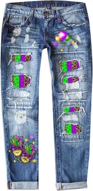 Ripped Jeans Womens Straight Leg Roll-up Denim Pants Classic Distressed Frayed Raw Hem Iron on Patches for Jeans