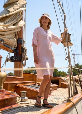 ROSE - V-Neck Linen Dress with Short Sleeves (PALE PINK) lace accents
