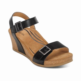Glow Step Wide Form Lexa Wedge Sandal In Black Leather