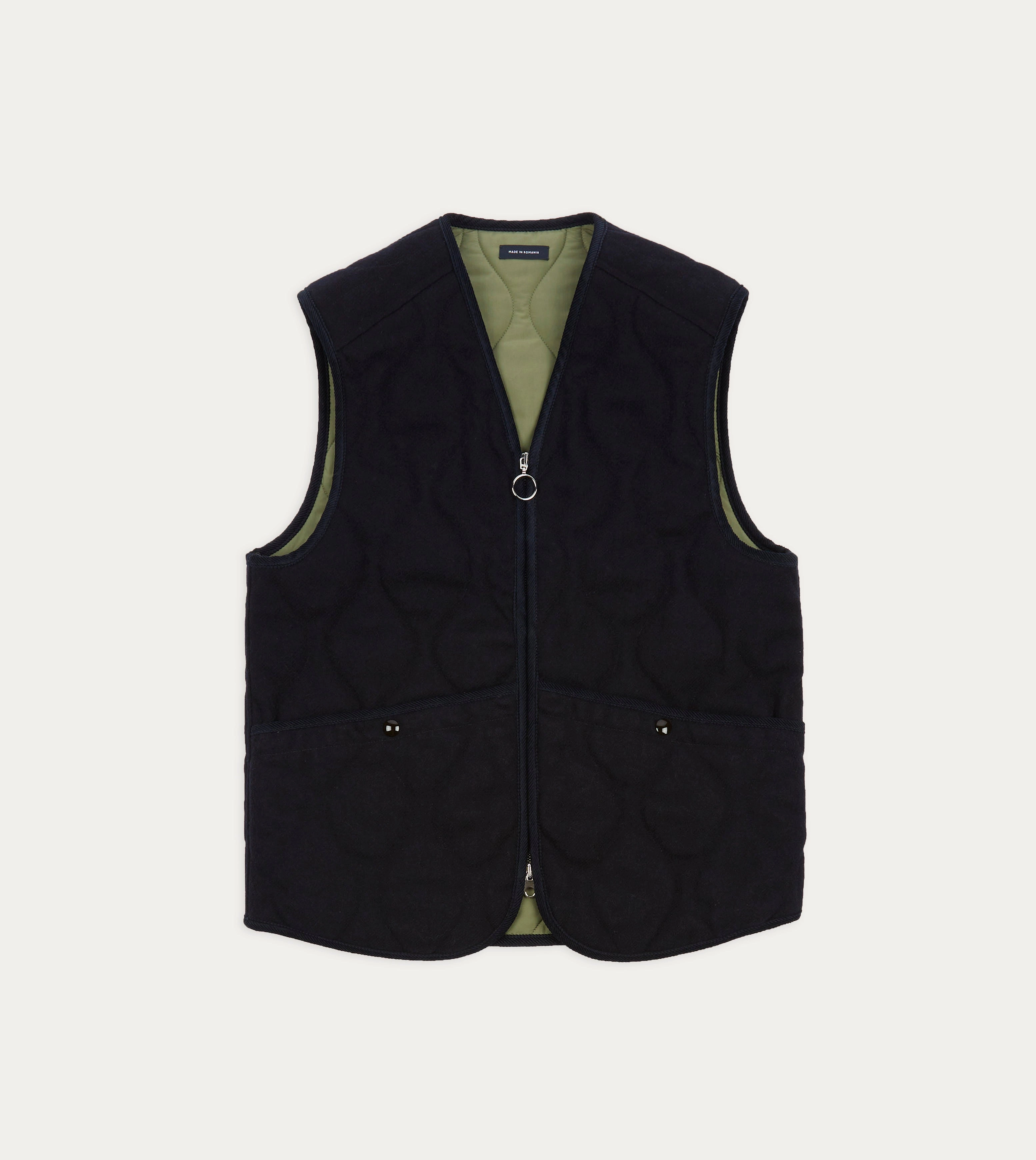 Navy Quilted Melton Wool Zip Vest Tailored Silhouette