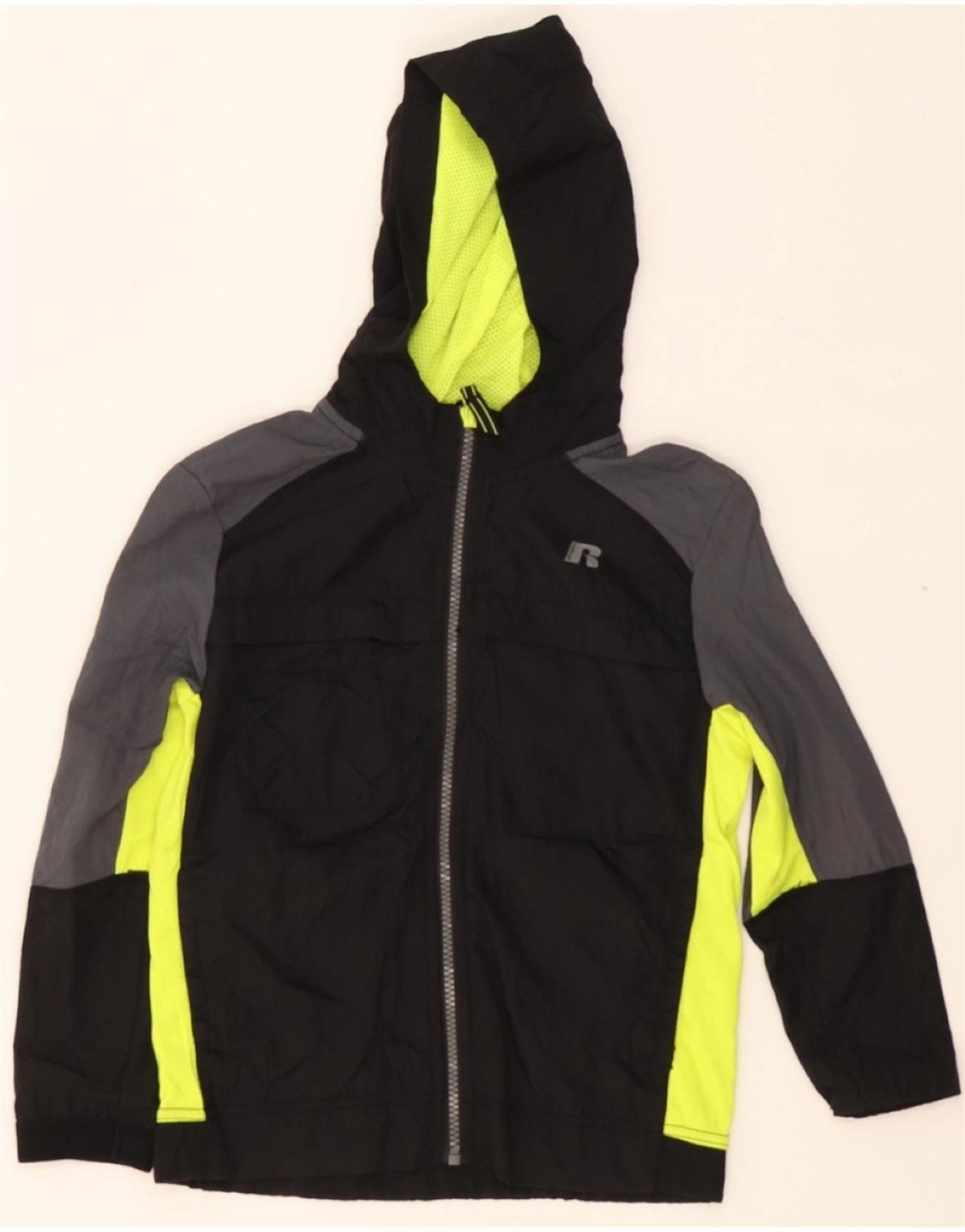 Slim Silhouette RUSSELL ATHLETIC Boys Hooded Rain Jacket 6-7 Years Small Black Colourblock