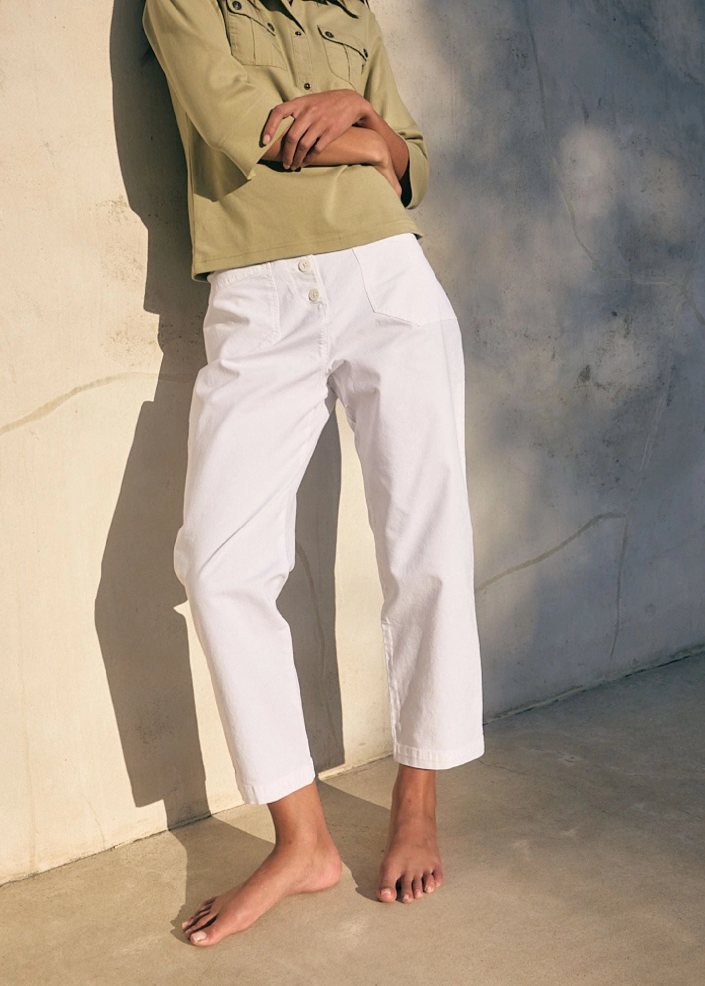 SALOME - High-Waisted Mom-Fit Pants (WHITE) Glossy Texture
