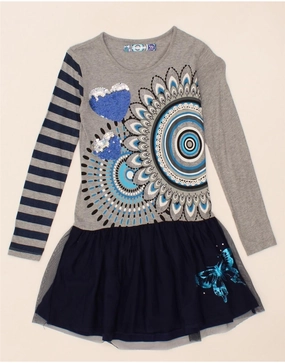 DESIGUAL Girls Graphic Long Sleeve Drop Waist Dress 9-10 Years Grey Floral Multipurpose Light material