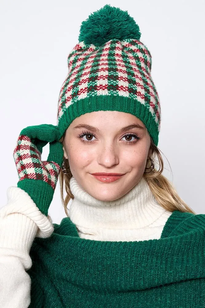 ScarvesMe Women Winter Soft Knit Holiday Christmas Checkered Yarn Pom Beanie