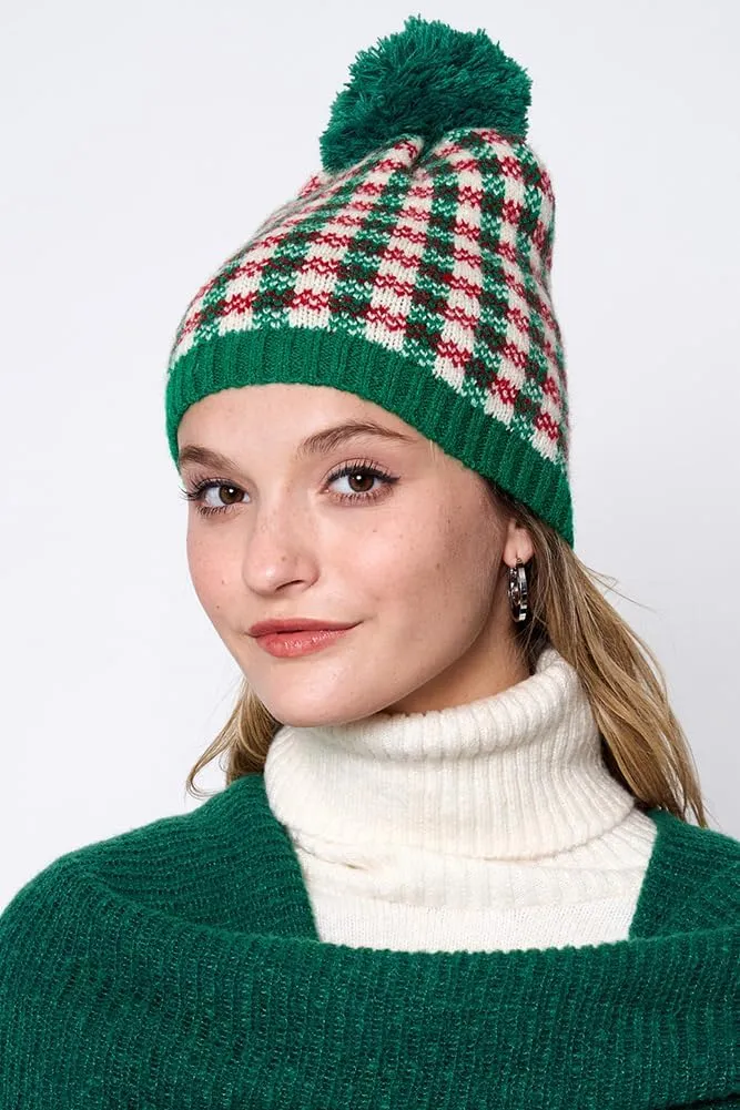 ScarvesMe Women Winter Soft Knit Holiday Christmas Checkered Yarn Pom Beanie