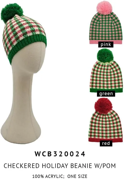 ScarvesMe Women Winter Soft Knit Holiday Christmas Checkered Yarn Pom Beanie