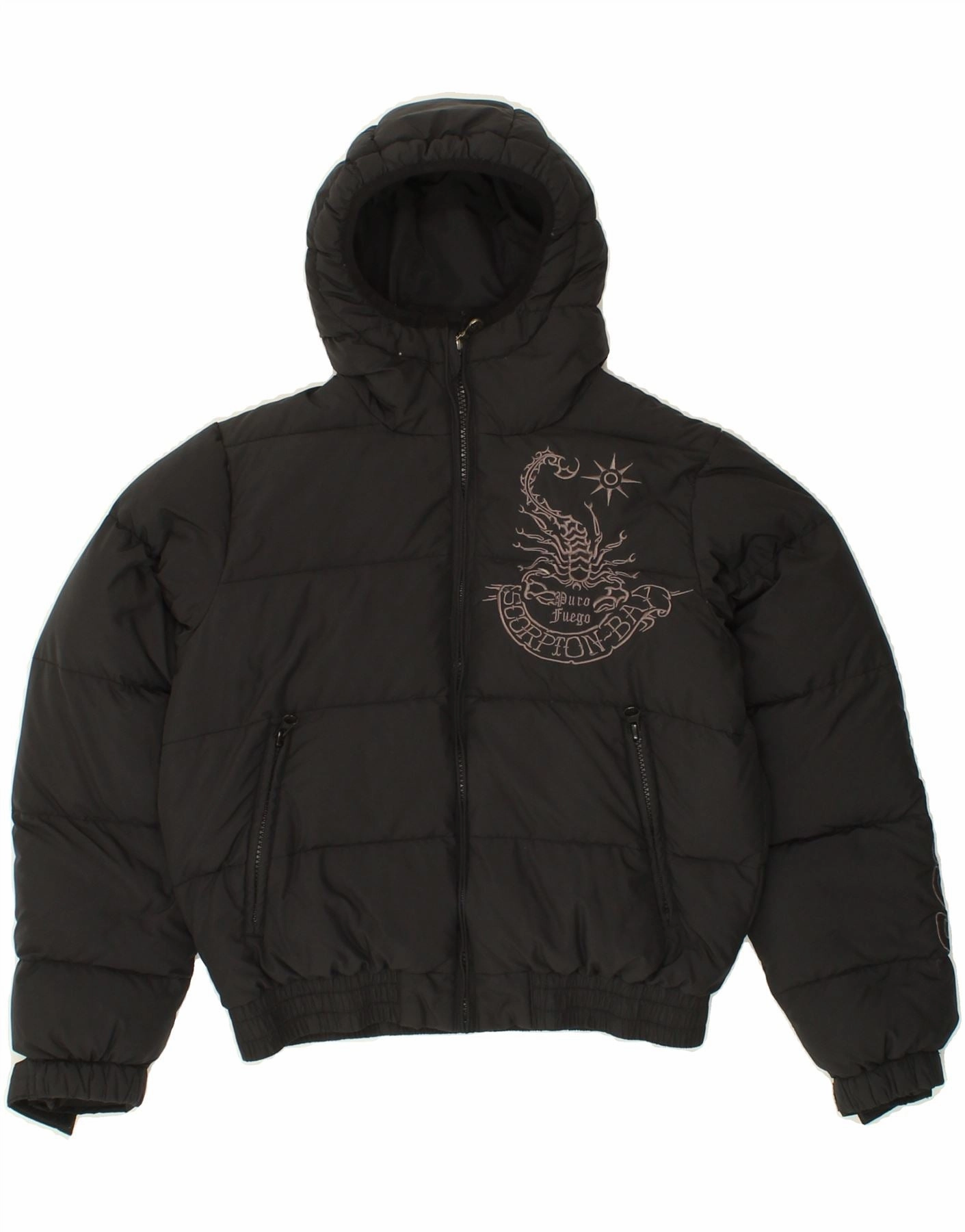 SCORPION BAY Boys Graphic Hooded Padded Jacket 11-12 Years Medium Black high-end Minimalist Style
