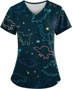 Scrubs for Women Summer V Neck Short Sleeve Cute Animal Print Solid Color Plus Size Nursing Tops with Pockets S-5XL