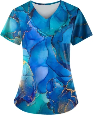 Scrubs for Women Summer V Neck Short Sleeve Cute Animal Print Solid Color Plus Size Nursing Tops with Pockets S-5XL