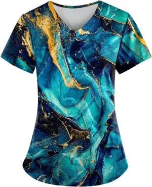 Scrubs for Women Summer V Neck Short Sleeve Cute Animal Print Solid Color Plus Size Nursing Tops with Pockets S-5XL