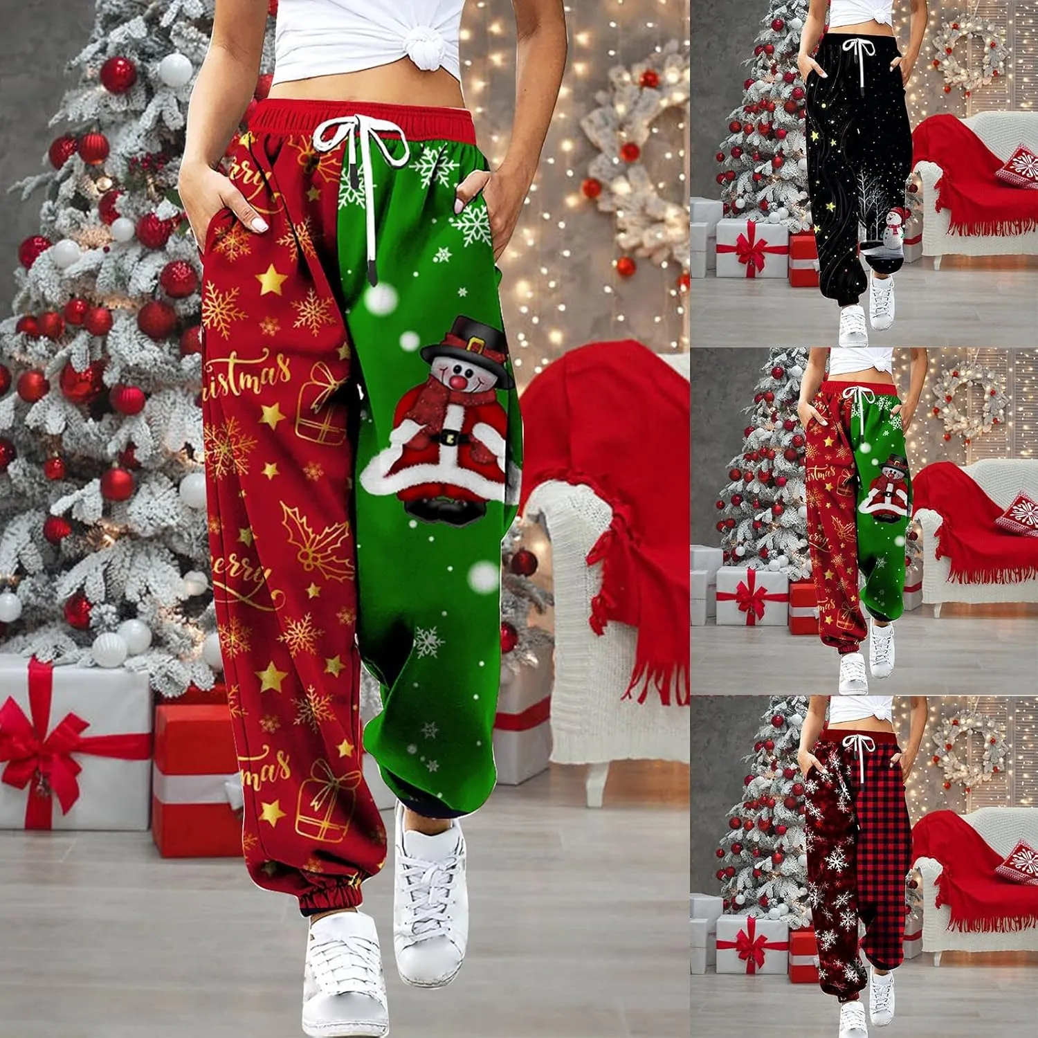 sdbrld Womens Christmas Sweatpants Winter Sherpa Fleece Lined Sweatpants Trendy Print Drawstring Joggers Trousers with Pocket