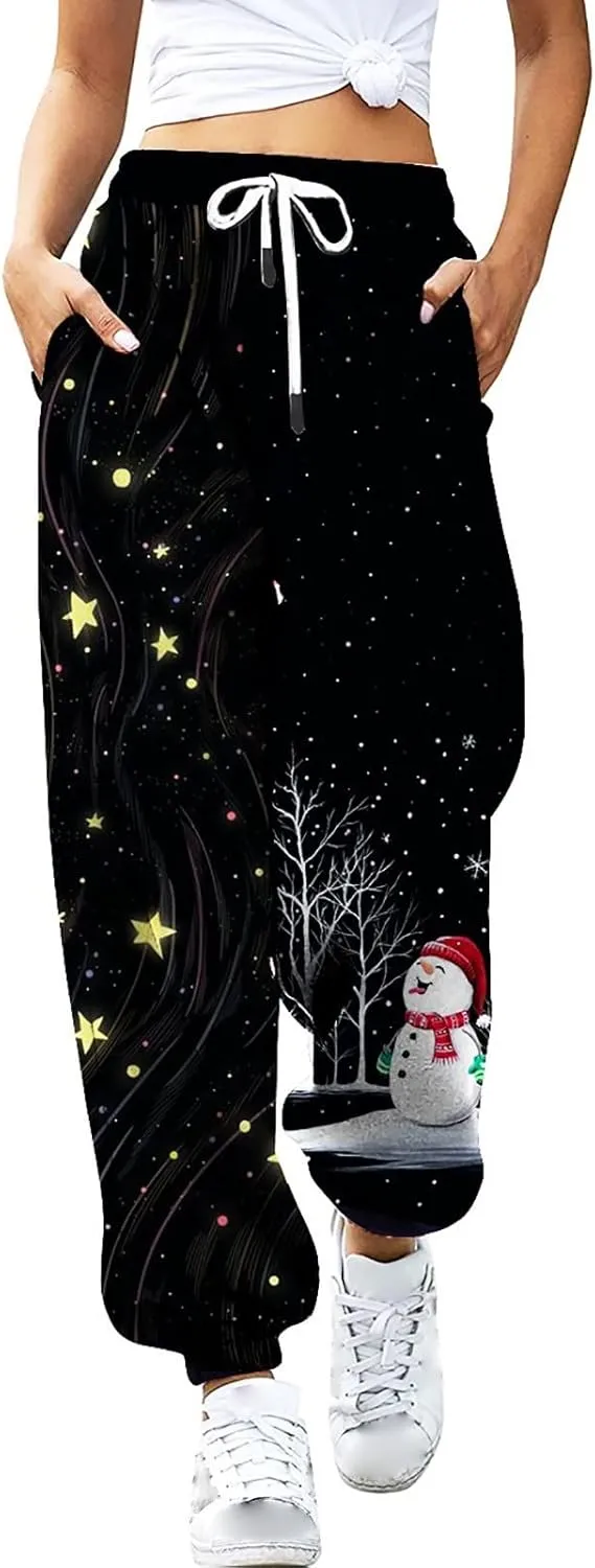 sdbrld Womens Christmas Sweatpants Winter Sherpa Fleece Lined Sweatpants Trendy Print Drawstring Joggers Trousers with Pocket