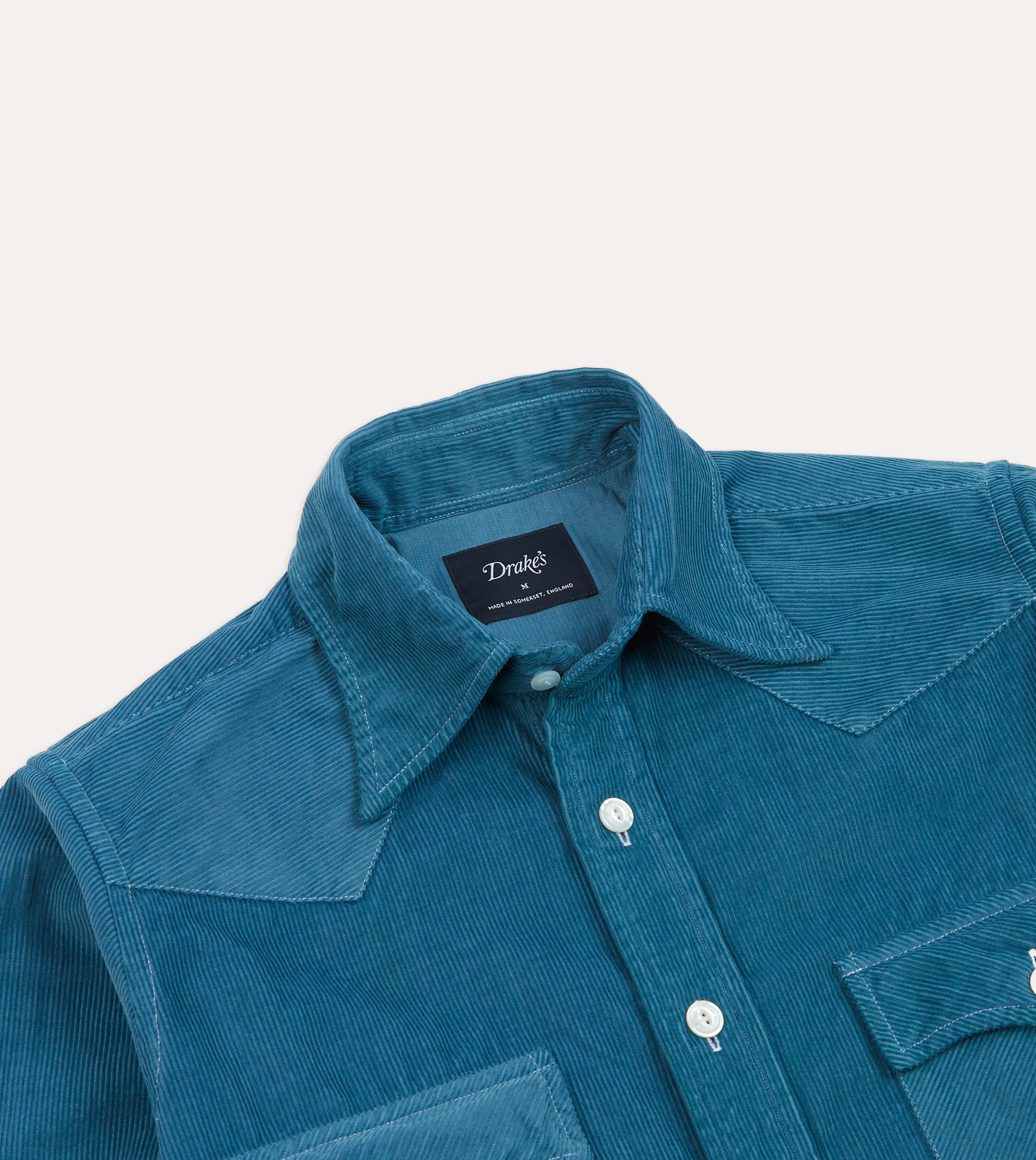 Turquoise Corduroy Two-Pocket Western Shirt Soft Collar Design Holiday Travel