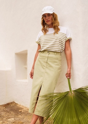 JULIA - High Waist Midi-Length Skirt with Front Slit (SOFT ALMOND) Relaxed Outfit Faux Leather