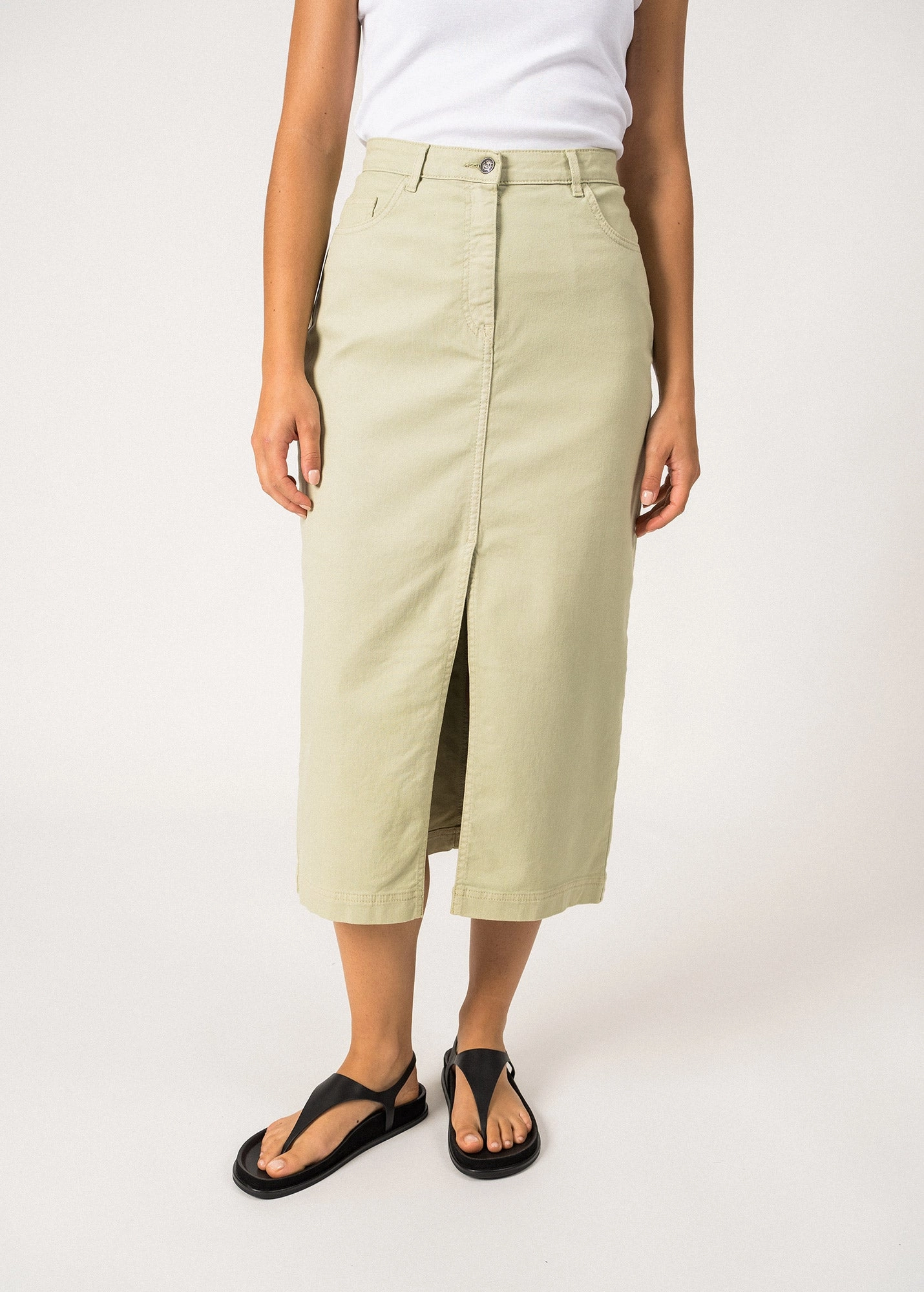JULIA - High Waist Midi-Length Skirt with Front Slit (SOFT ALMOND) Classic Choice