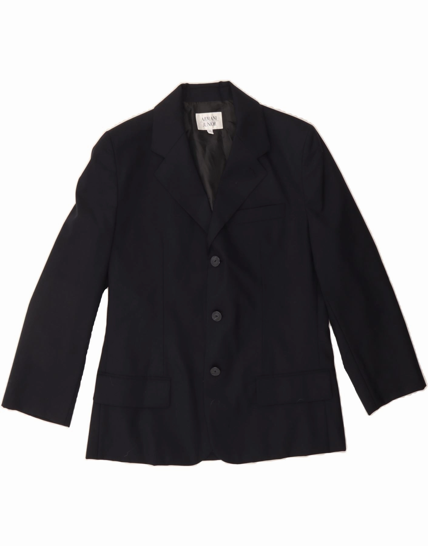 ARMANI JUNIOR Boys 3 Button Blazer Jacket 13-14 Years Navy Blue Wool Temperature Regulating Fabric Maintain