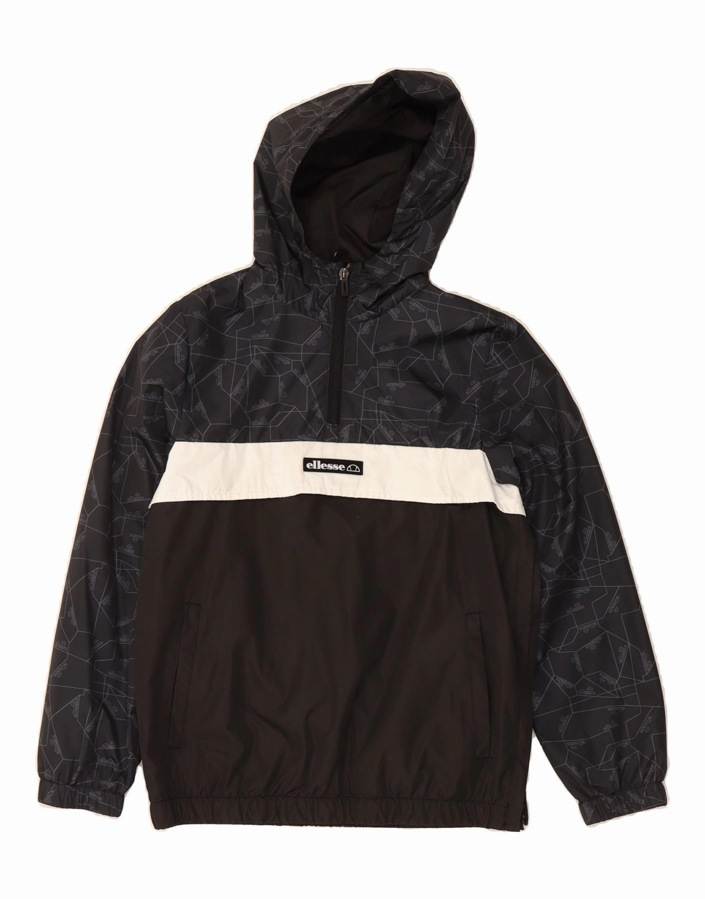 ELLESSE Boys Hooded Pullover Rain Jacket 12-13 Years Black Colourblock Fresh Look Go Anywhere