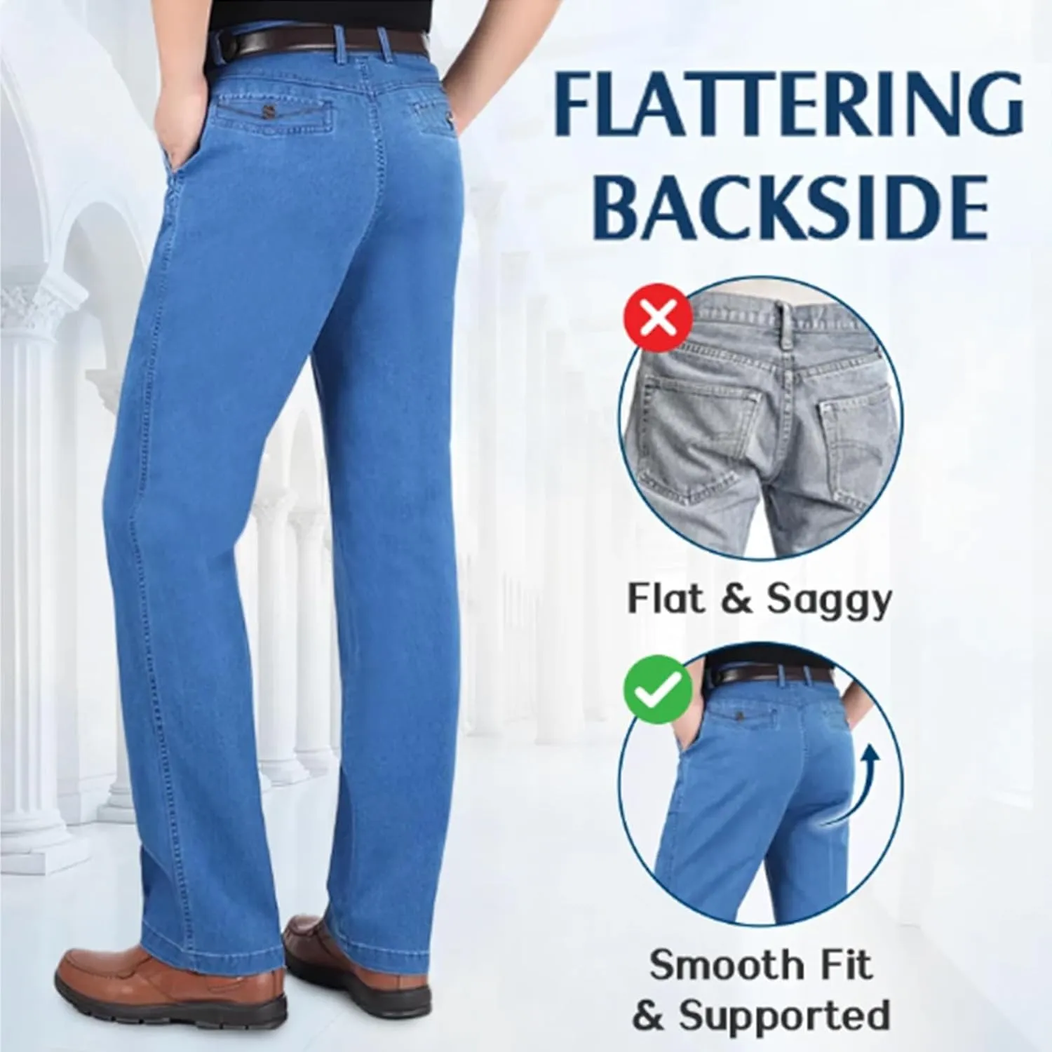 Senistyle Jeans for Men, Men's Classic Straight Fit Stretch Jeans, Soft Flexible High Waist Loose Denim for Older