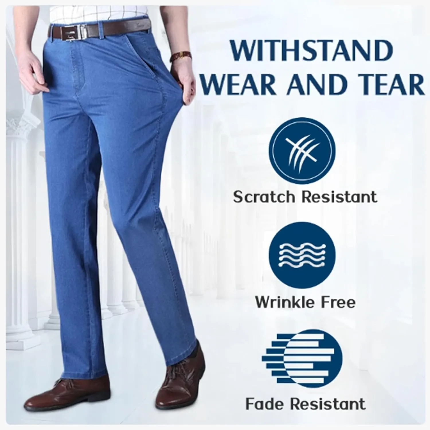 Senistyle Jeans for Men, Men's Classic Straight Fit Stretch Jeans, Soft Flexible High Waist Loose Denim for Older